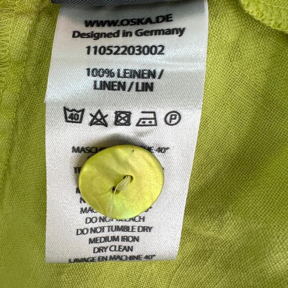 OSKA Lagenlook Bright Green Yellow Top Linen Collared Long Sleeve Jacket Size 2 - Picture 7 of 9